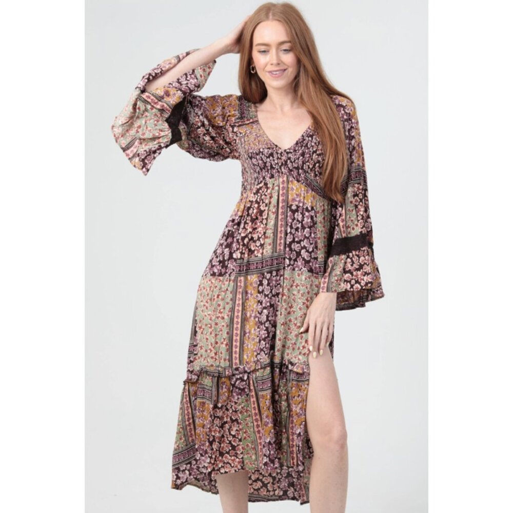 Angie Brown Patchwork V Neck Bell Sleeve Midi Dress W Slit C4H80-A947